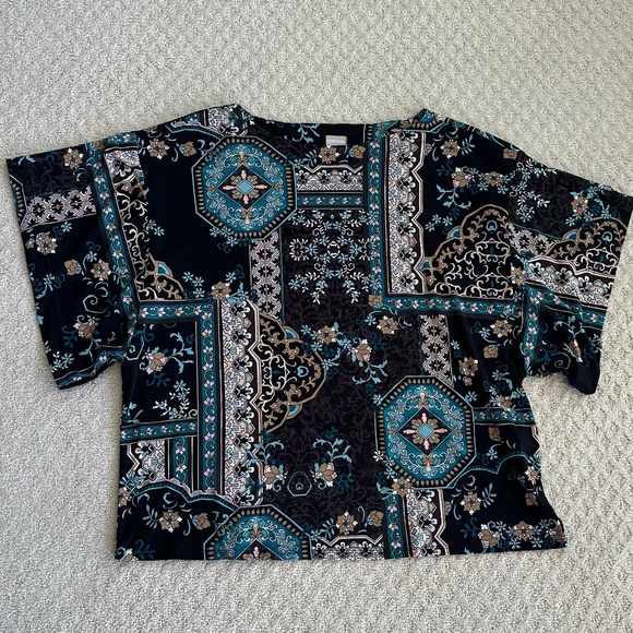 Chico's Medallion Floral Flutter Sleeve Top/Blouse Black/Teal XXL/Chico's Size 4 - Picture 1 of 11